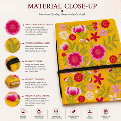 Handcrafted Embroidered Journal with Handmade Paper Fabric Cover & Bahi Khata Closure Diary for Writing Sketching & Gifting | Yellow | 7 x 5 inches