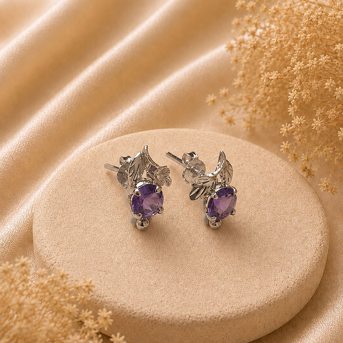 FUSIONARI 925 Sterling Silver Amethyst Gemstone Leaf Design Stud Earrings