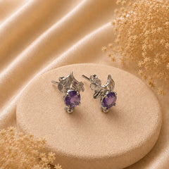 FUSIONARI 925 Sterling Silver Amethyst Gemstone Leaf Design Stud Earrings