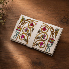 Handmade Jewelry Roll Bag, White Soft Suede Fabric with Gold Thread Embroidery
