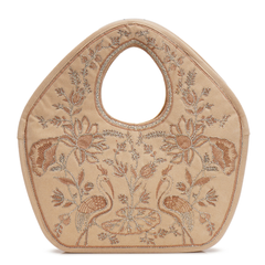 Peacock Embroidered Handbag, Beige Soft Poly Suede Fabric with Off White Thread Embroidery, Dori Cording and Black Nylon Detailing