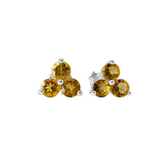 925 Sterling Silver Citrine Gemstone Stud Earrings Three Stone Floral Inspired Design