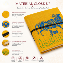 Handcrafted Embroidered Journal with Handmade Paper Fabric Cover & Bahi Khata Closure Diary for Writing Sketching & Gifting | Yellow | 8 x 5 inches