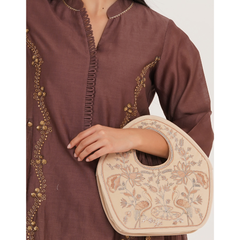 Peacock Embroidered Handbag, Beige Soft Poly Suede Fabric with Off White Thread Embroidery, Dori Cording and Black Nylon Detailing