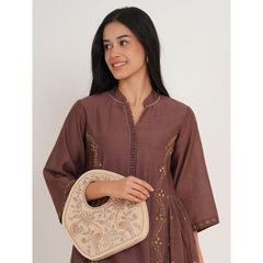 Peacock Embroidered Handbag, Beige Soft Poly Suede Fabric with Off White Thread Embroidery, Dori Cording and Black Nylon Detailing