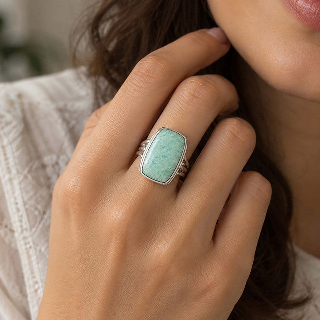 925 Silver Ring Amazonite Square Cabochon Bezel Setting