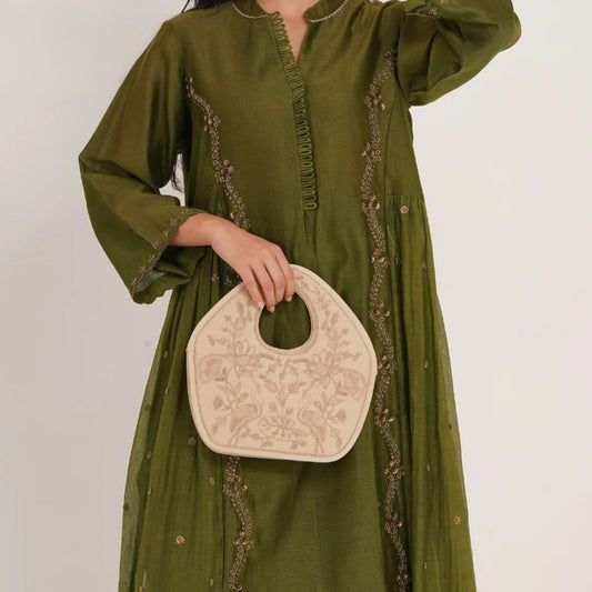 Peacock Embroidered Purse, Beige Soft Poly Suede Fabric with Copper Zari, Dori Cording and Silk Thread Detailing