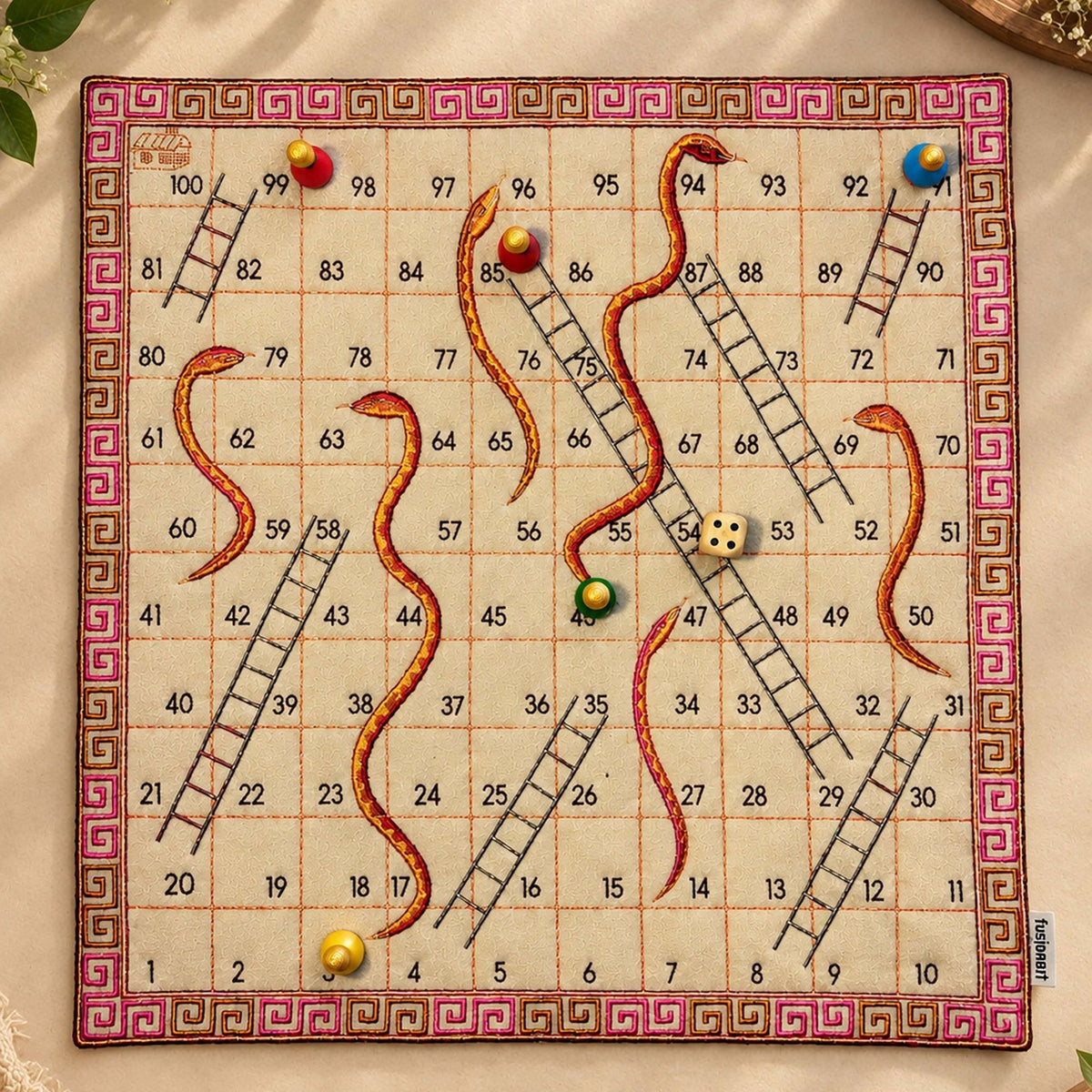 "SNAKES & LADDER" 1–100 Number Game with Cotton Fabric Board, Wooden Counters, Dice