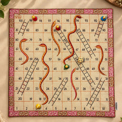 "SNAKES & LADDER" 1–100 Number Game with Cotton Fabric Board, Wooden Counters, Dice