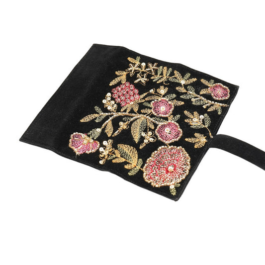 Handmade Floral Embroidered Jewelry Roll Organizer, Black Soft Suede Fabric with Thread Embroidery, Bugle Beads and Sequin Work