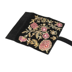 Handmade Floral Embroidered Jewelry Roll Organizer, Black Soft Suede Fabric with Thread Embroidery, Bugle Beads and Sequin Work