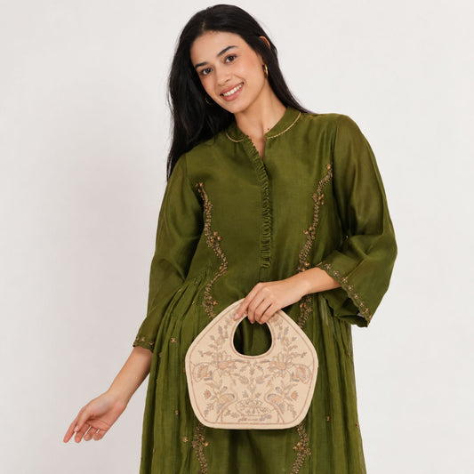 Peacock Embroidered Purse, Beige Soft Poly Suede Fabric with Copper Zari, Dori Cording and Silk Thread Detailing