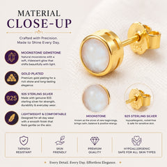 925 Sterling Silver Gold Plated Moonstone Stud Earrings for Women & Girls | Round Gemstone