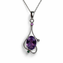 925 Silver Handmade Amethyst & Ruby Gemstone Oval Pendant Curved Leaf Design
