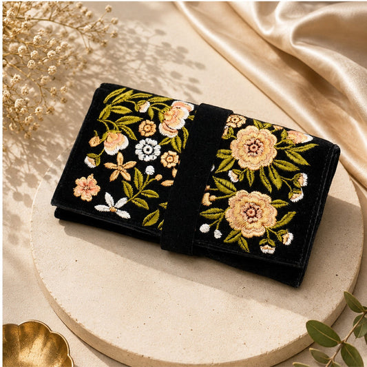 Handmade Jewelry Roll Bag, Black Soft Suede Fabric with Gold Thread Embroidery