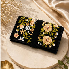 Handmade Jewelry Roll Bag, Black Soft Suede Fabric with Gold Thread Embroidery