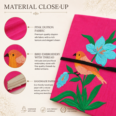 Handcrafted Embroidered Journal with Handmade Paper Fabric Cover & Bahi Khata Closure Diary for Writing Sketching & Gifting | Pink | 8 x 5 inches