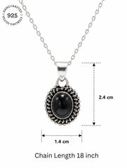 925 Sterling Silver Black Onyx Gemstone Pendant Oval Cabochon and Detailed Sunburst Design