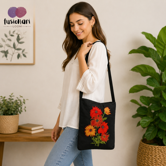 Handmade Floral Crossbody Black Bag made from Dupion & cotton Duck Fabric with Embroidery For Women & Girls