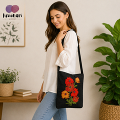 Handmade Floral Crossbody Black Bag made from Dupion & cotton Duck Fabric with Embroidery For Women & Girls