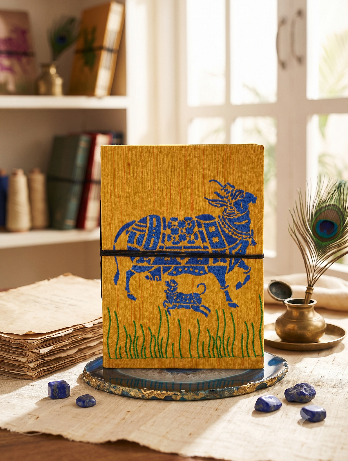 Handcrafted Embroidered Journal with Handmade Paper Fabric Cover & Bahi Khata Closure Diary for Writing Sketching & Gifting | Yellow | 8 x 5 inches