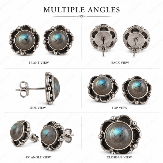 925 Sterling Silver Labradorite Stud Earrings for Women  Blue Handmade Jewellary