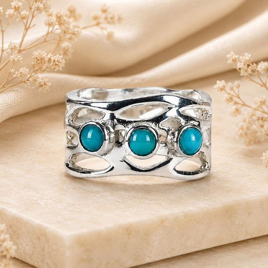 925 Sterling Silver Turquoise Stone Ring for Women | Triple Stone Wide Band Jewelry