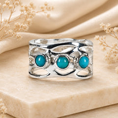 925 Sterling Silver Turquoise Stone Ring for Women | Triple Stone Wide Band Jewelry