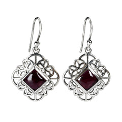 925 Silver Garnet Gemstone Earring Square Cabochon in Bezel Setting with Floral Design and Hook Earwire