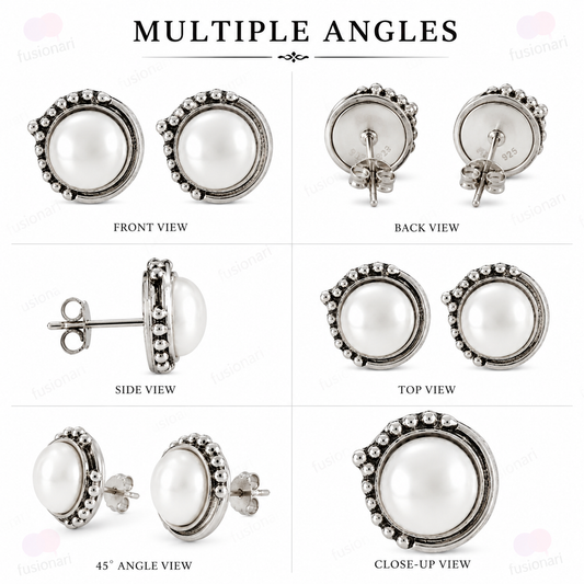 925 Sterling Silver Pearl Stud Earrings for Women | Classic Cream Handmade Eartops | Daily & Party Wear