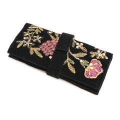 Handmade Floral Embroidered Jewelry Roll Organizer, Black Soft Suede Fabric with Thread Embroidery, Bugle Beads and Sequin Work