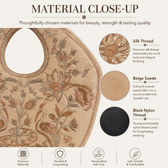 Peacock Embroidered Handbag, Beige Soft Poly Suede Fabric with Off White Thread Embroidery, Dori Cording and Black Nylon Detailing