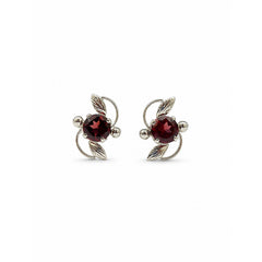 925 Sterling Silver Garnet Stud Earrings Chandi Red Gemstone Leaf Design