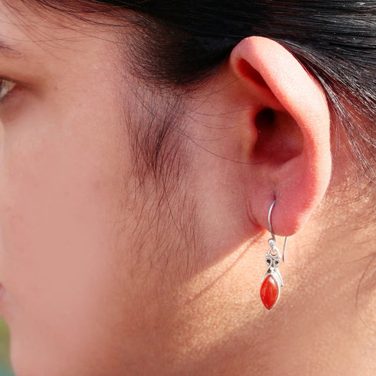 925 silver marquese gemstone Carnelian Earrings handmade with ball earwire in bezel setting