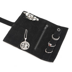 Handmade Floral Embroidered Jewelry Roll Organizer, Black Soft Suede Fabric with Thread Embroidery, Bugle Beads and Sequin Work
