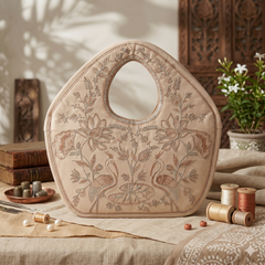 Peacock Embroidered Handbag, Beige Soft Poly Suede Fabric with Off White Thread Embroidery, Dori Cording and Black Nylon Detailing