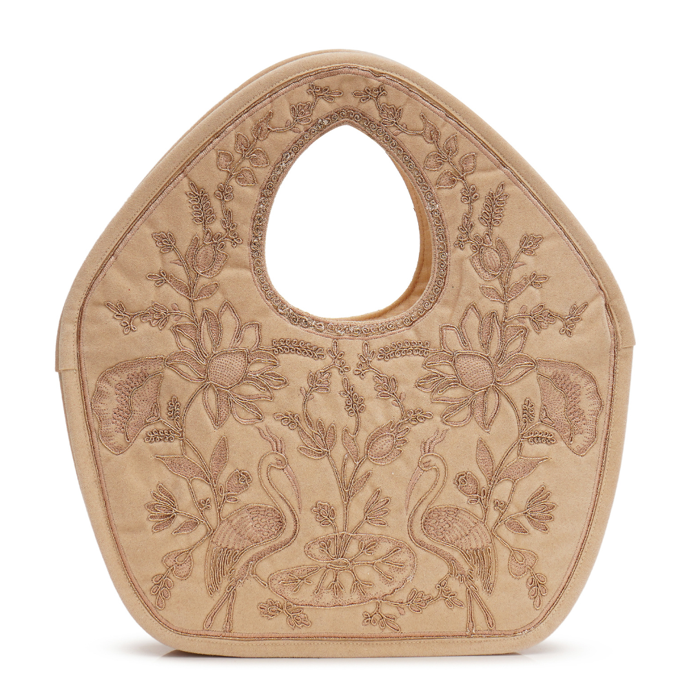 Peacock Embroidered Purse, Beige Soft Poly Suede Fabric with Copper Zari, Dori Cording and Silk Thread Detailing