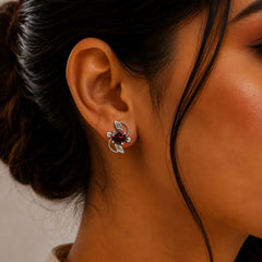 925 Sterling Silver Garnet Stud Earrings Chandi Red Gemstone Leaf Design
