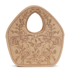 Peacock Embroidered Purse, Beige Soft Poly Suede Fabric with Copper Zari, Dori Cording and Silk Thread Detailing