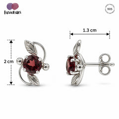 925 Sterling Silver Garnet Stud Earrings Chandi Red Gemstone Leaf Design