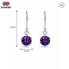 925 Sterling Silver Amethyst Drop Earrings Faceted Round Gemstone Jewelry