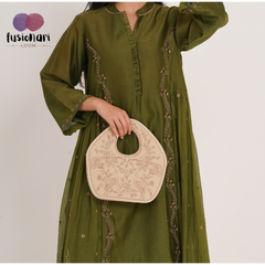 Peacock Embroidered Purse, Beige Soft Poly Suede Fabric with Copper Zari, Dori Cording and Silk Thread Detailing