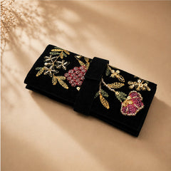 Handmade Floral Embroidered Jewelry Roll Organizer, Black Soft Suede Fabric with Thread Embroidery, Bugle Beads and Sequin Work