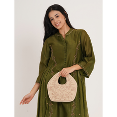Peacock Embroidered Purse, Beige Soft Poly Suede Fabric with Copper Zari, Dori Cording and Silk Thread Detailing