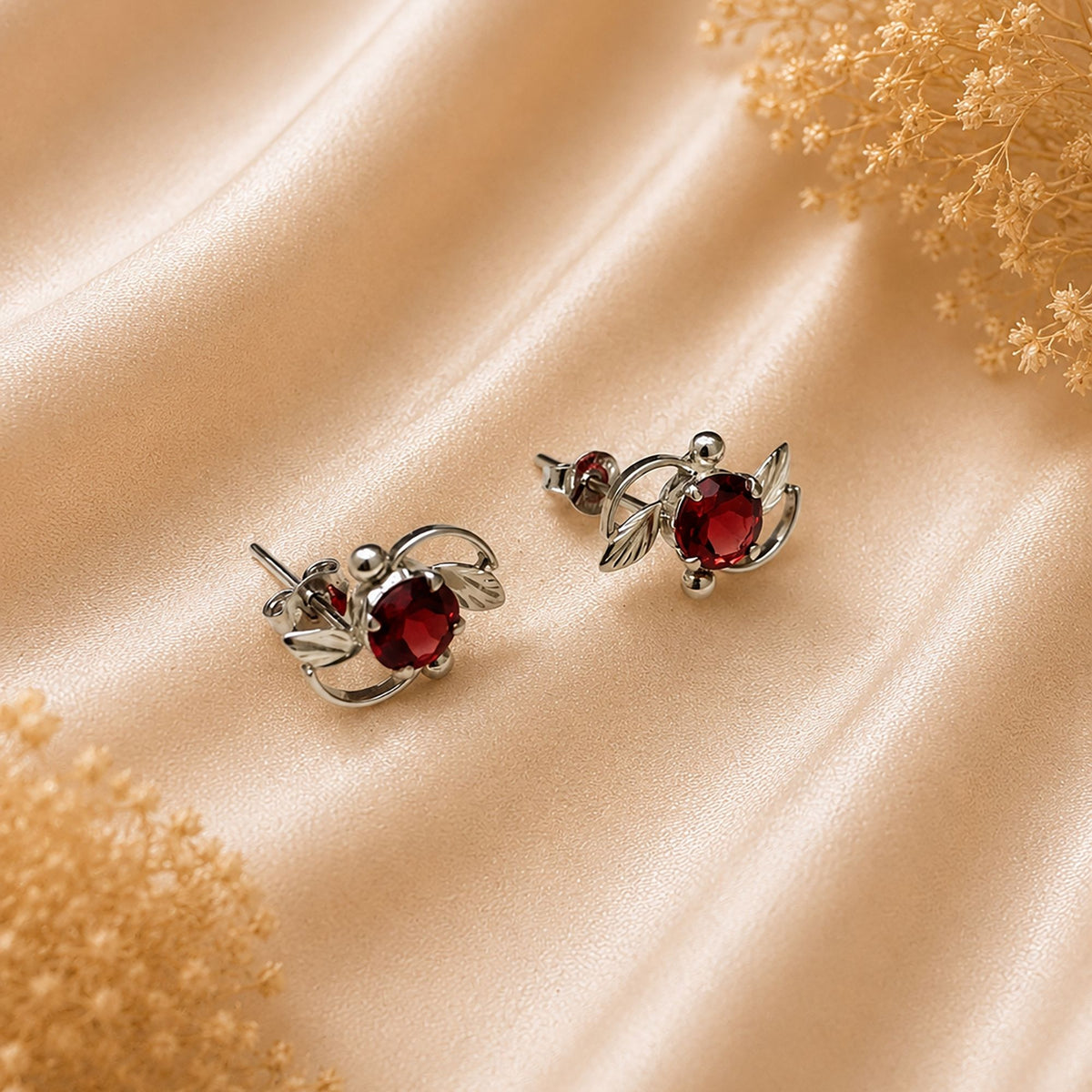 925 Sterling Silver Garnet Stud Earrings Chandi Red Gemstone Leaf Design