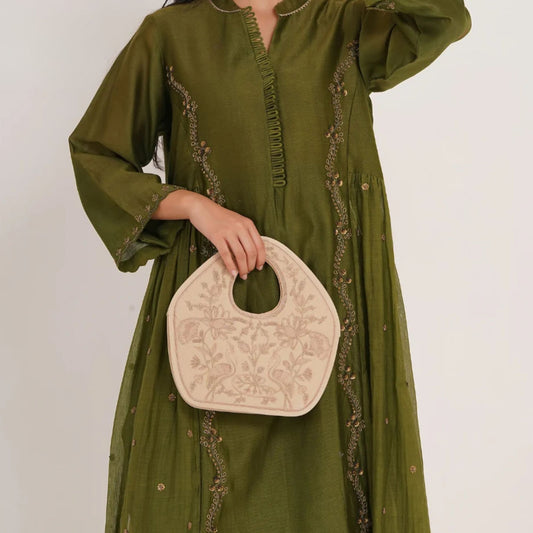 Peacock Embroidered Purse, Beige Soft Poly Suede Fabric with Copper Zari, Dori Cording and Silk Thread Detailing