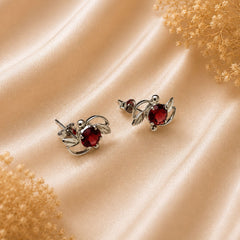 925 Sterling Silver Garnet Stud Earrings Chandi Red Gemstone Leaf Design