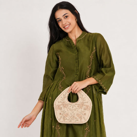 Peacock Embroidered Purse, Beige Soft Poly Suede Fabric with Copper Zari, Dori Cording and Silk Thread Detailing