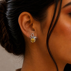 925 Sterling Silver Citrine Stud Earrings Chandi Yellow Gemstone Leaf Design