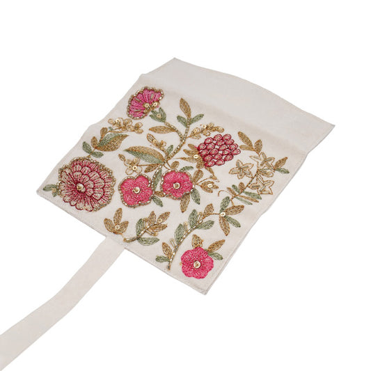 Handmade Floral Embroidered Jewelry Roll Organizer, White Soft Suede Fabric with Thread Embroidery, Bugle Beads and Sequin Work